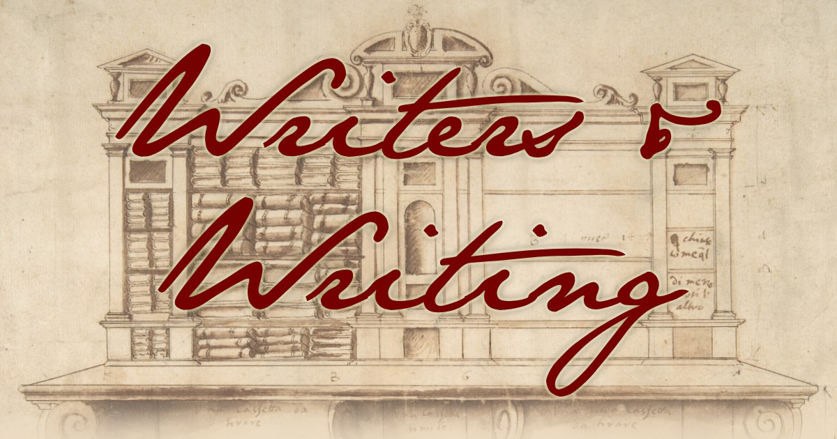 A design for a writing desk with bookshelves, overlaid with the words "Writers and Writing" in a font inspired by Jane Austen's handwriting